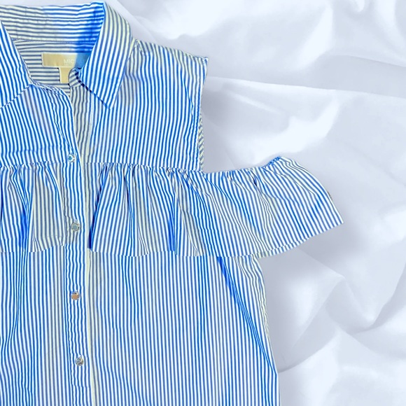 Michael Kors Blue and White Striped off Shoulder Gold Button Up Dress sz 12 - Picture 3 of 5